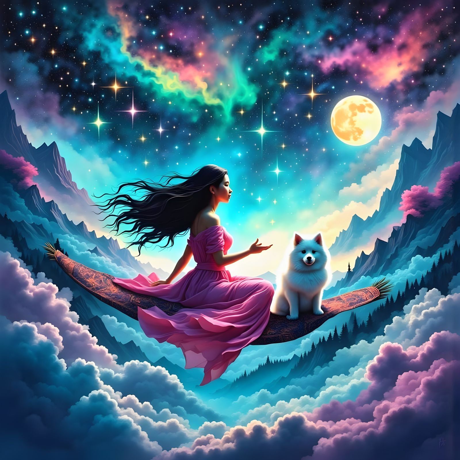 Joyful Woman and Puppy Ride Magical Carpet through Cosmic Ni...