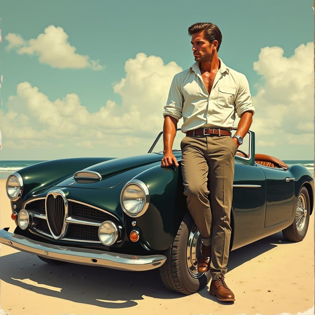 Dashing Pin-Up Gentleman Leans on Vintage Sports Car