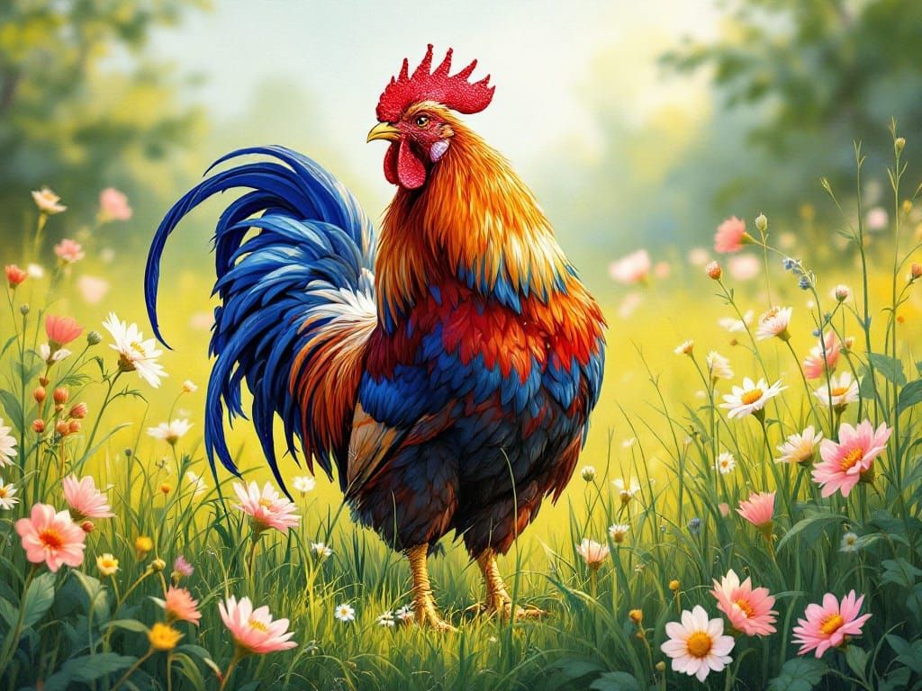 Vibrant Rooster in Whimsical Meadow Scene