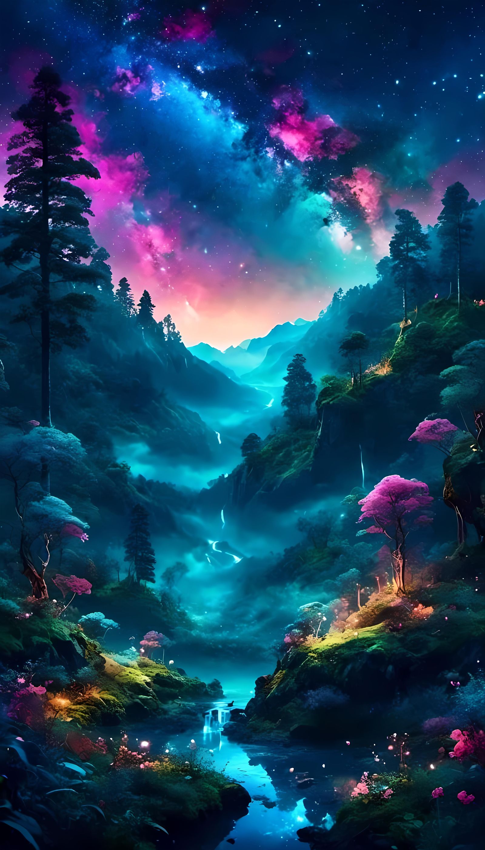Dreamy Dark Forest with Starry Night