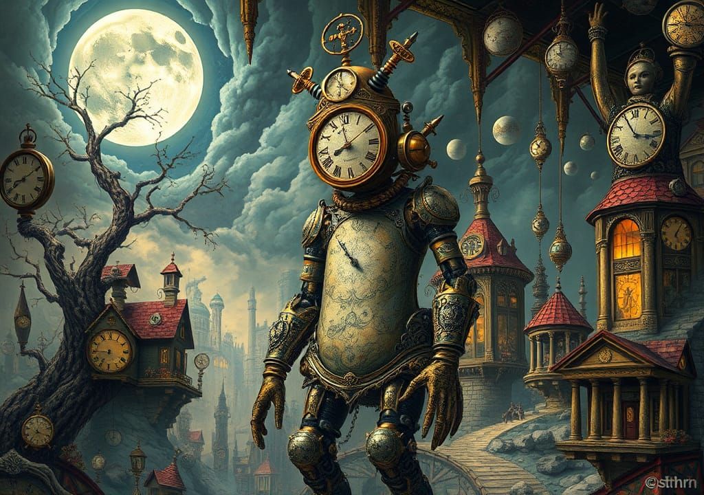 Steampunk Clockwork Humanoid in Surreal Wonderscape
