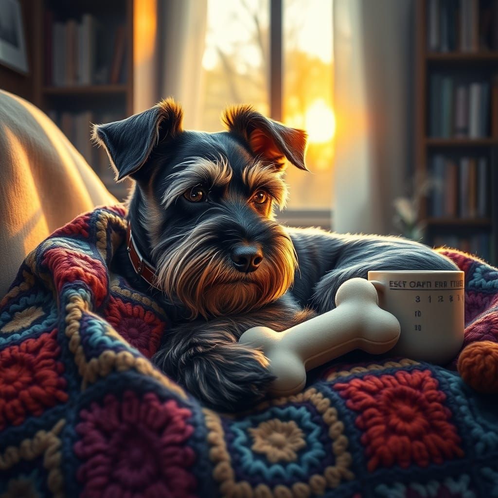 Cute Schnauzer on Granny Square Blanket in Hyperrealism