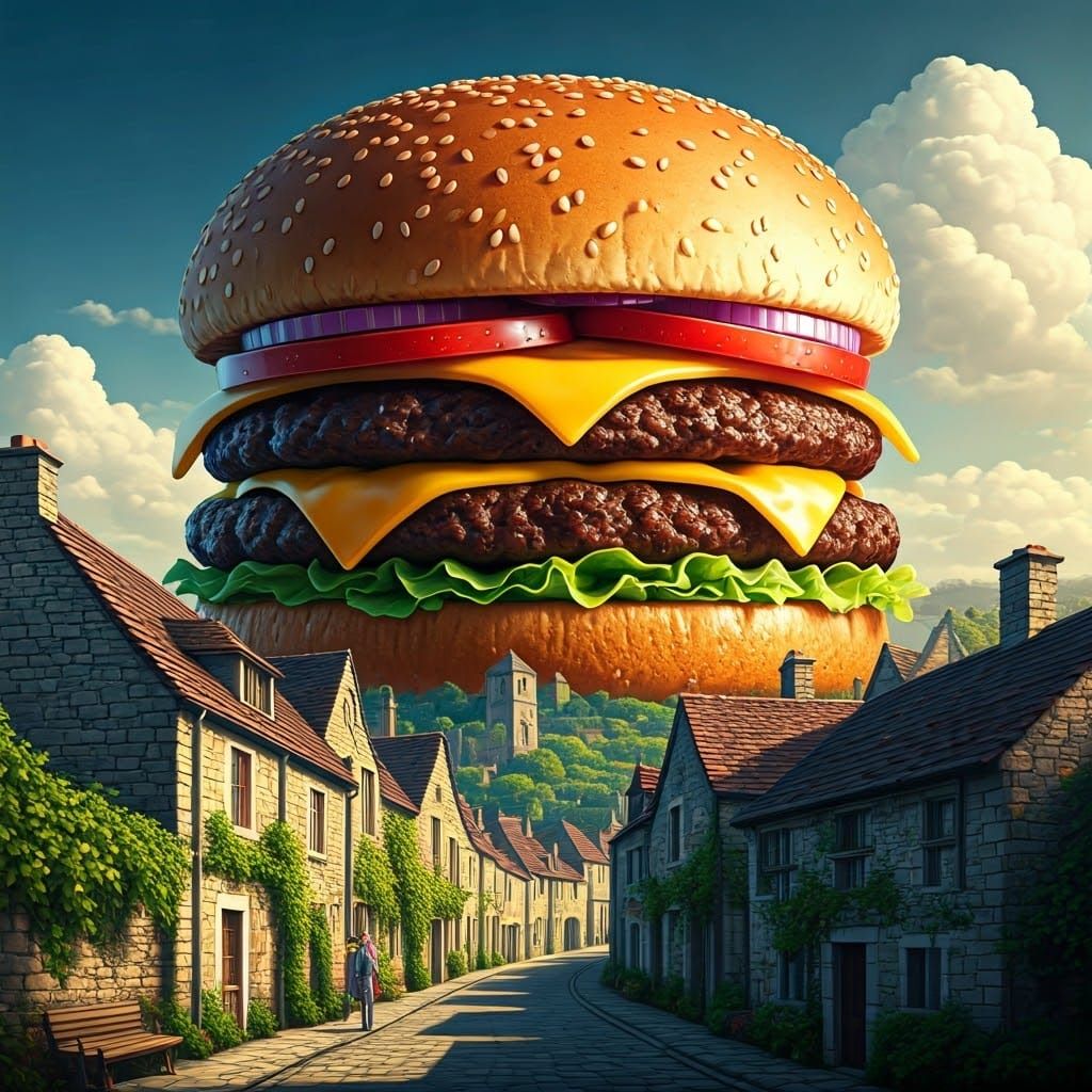 Colossal Hamburger in European Village, Surrealist Style
