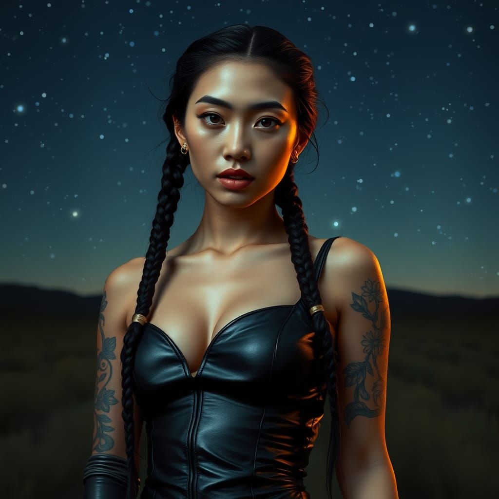 Dreamy Asian Woman in Leather Under Starry Sky