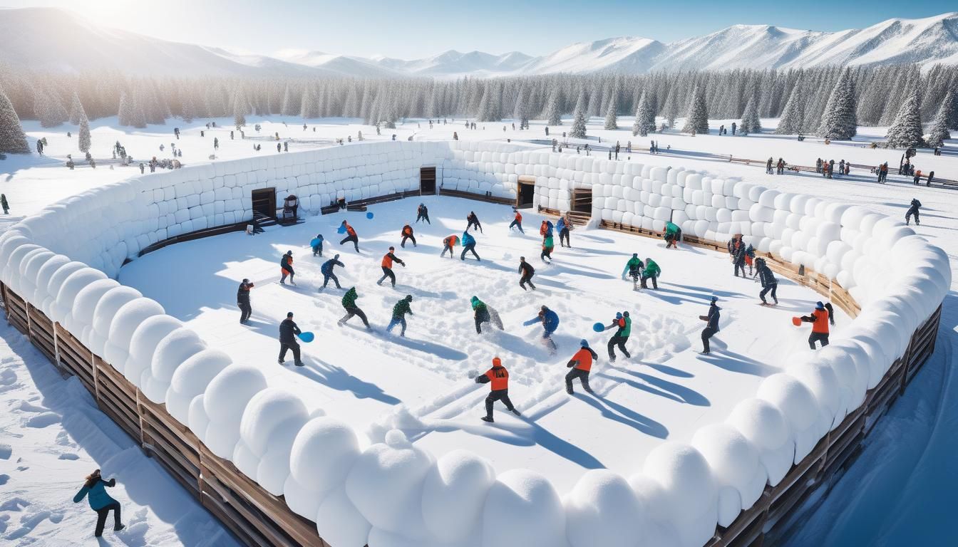 A snow-covered arena with teams engaged in a spirited snowball fight, showcasing teamwork, laughter, and strategic snow ...