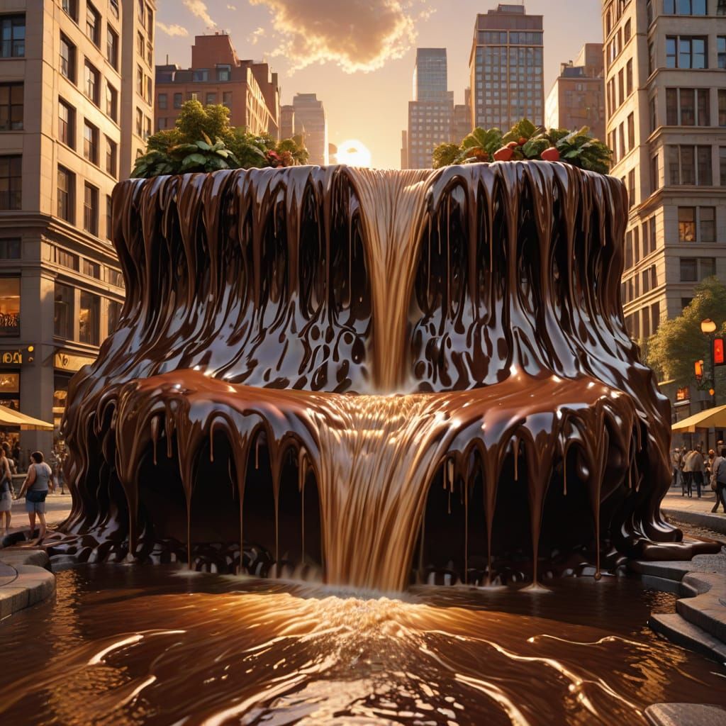 Chocolate Waterfall in City at Golden Hour