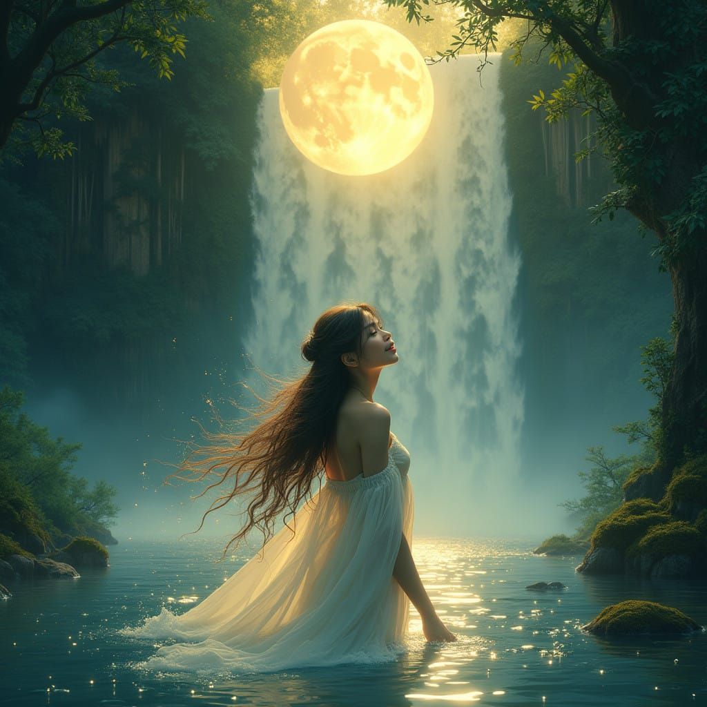 Lovely Young Woman in a Golden Waterfall Dreamscape