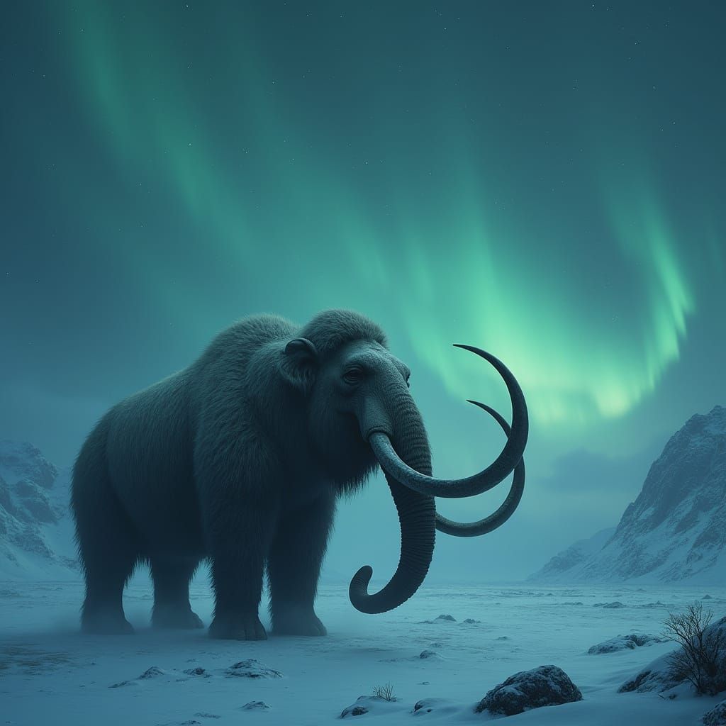 Woolly Mammoth Gazing at Aurora Borealis in Surreal Style