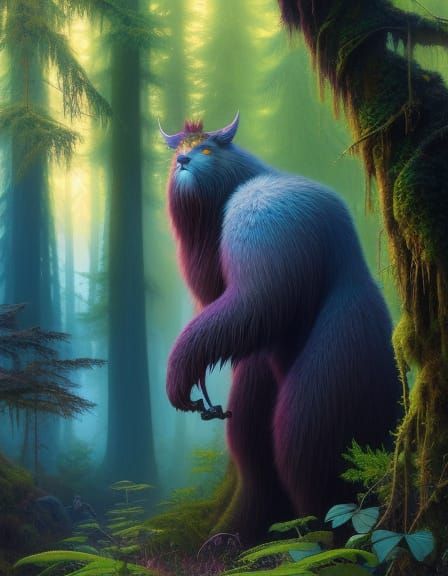 Bigfoot in Mystical Forest: Whimsical Fantasy Painting