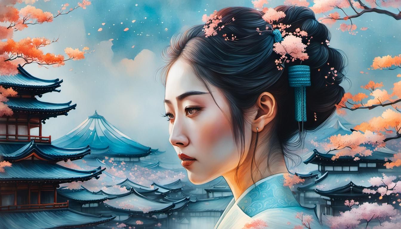 Beautiful Girl in Japanese City: Watercolor Art