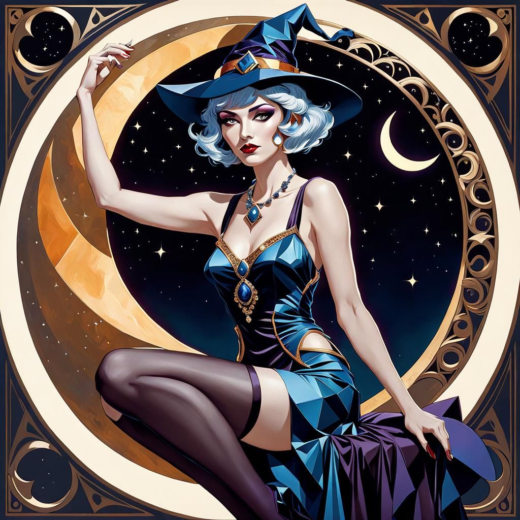 Witch Flapper on Crescent Moon in Crystal Cubism
