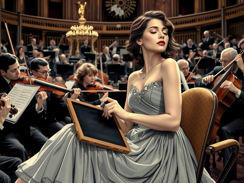 Elegant Woman Lost in Thought Amidst Grand Orchestra