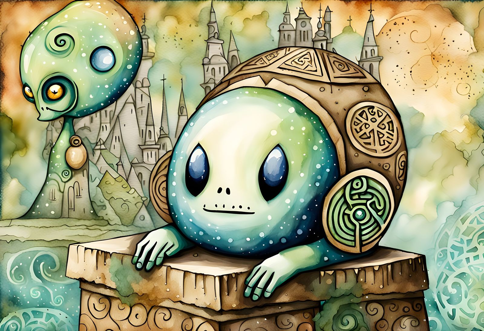 Chibi Alien on Papyrus in Ancient Art Style