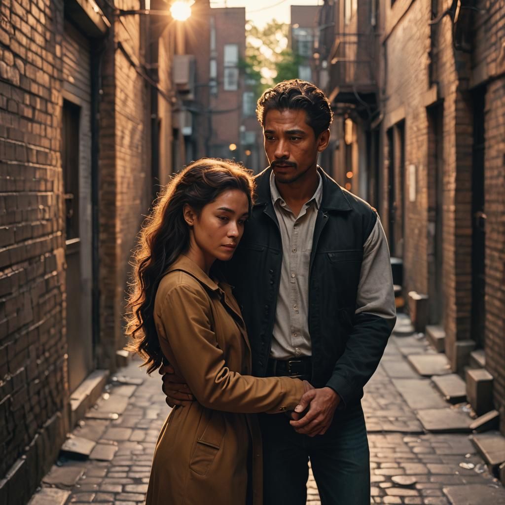 Romantic Embrace in City Alleyway, Cinematic Photography