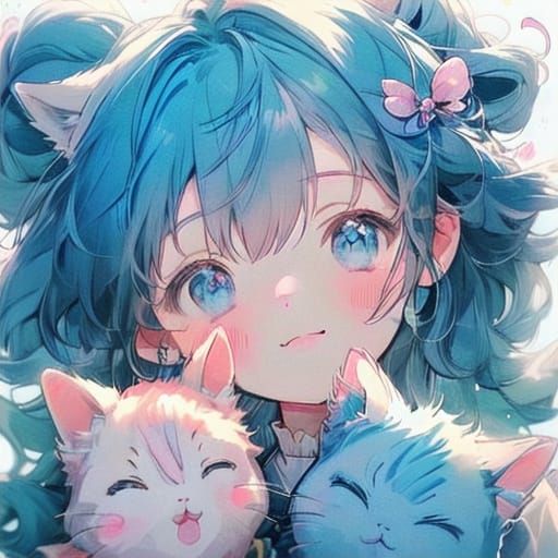 Cute Anime Girl with Blue Hair and Kitten Ears Smiling in Pa...