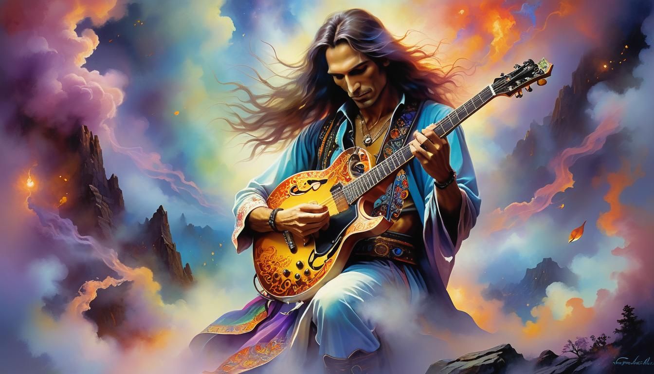 Ethereal Guitarist in Mystical Neon Dreamscape