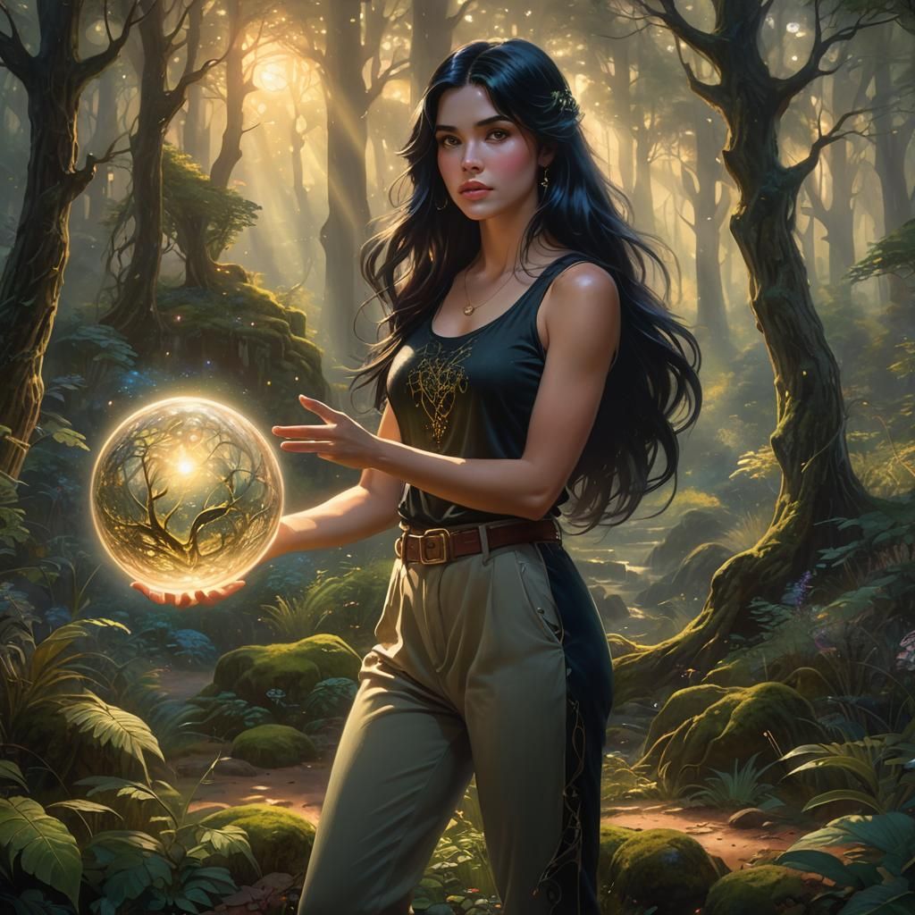Ethereal Girl with Magic Orb in Forest