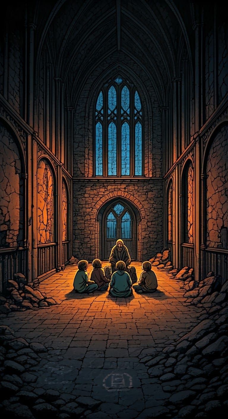 Ruined School in Medieval Town: Dark Fantasy Art