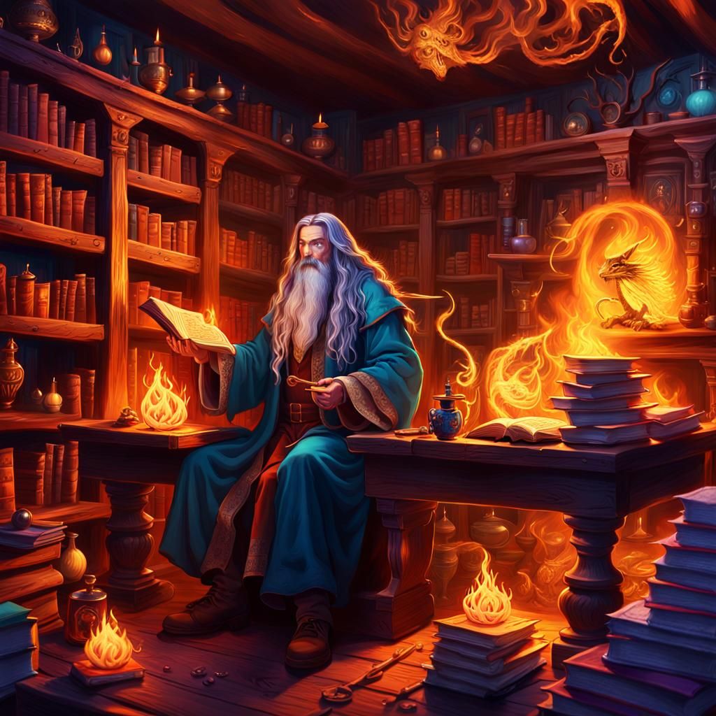 Charismatic Wizard in Cozy Magic Room