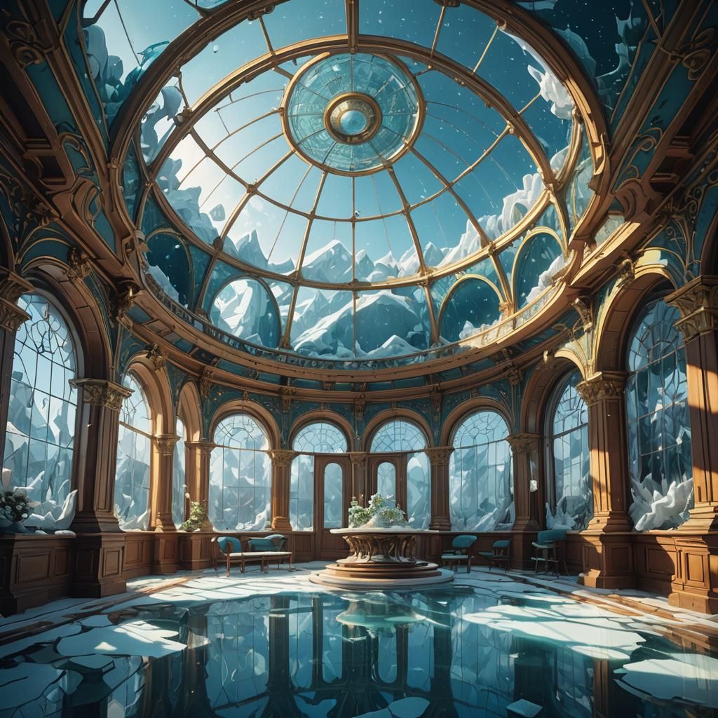 Flat Earth Under Ice Dome: Art Nouveau Painting