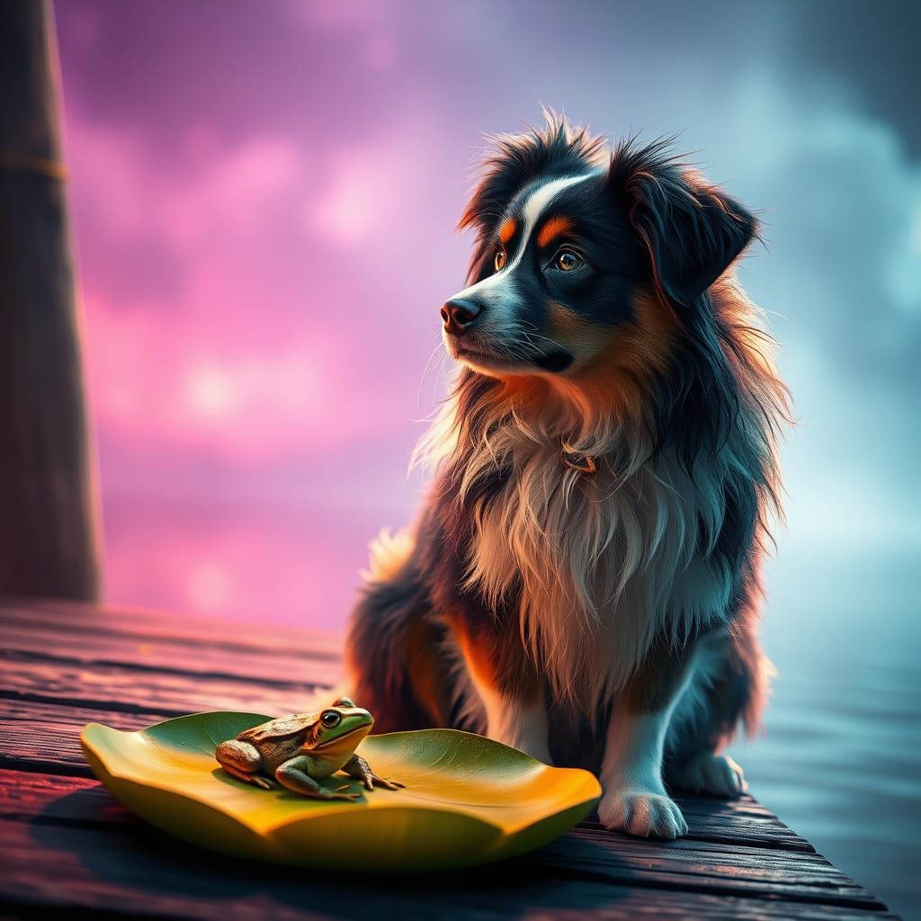 Australian Shepherd Contemplates a Glowing Frog on a Dreamli...