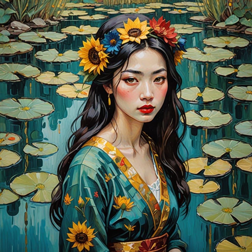 Asian Woman in Water Garden as Impasto Painting