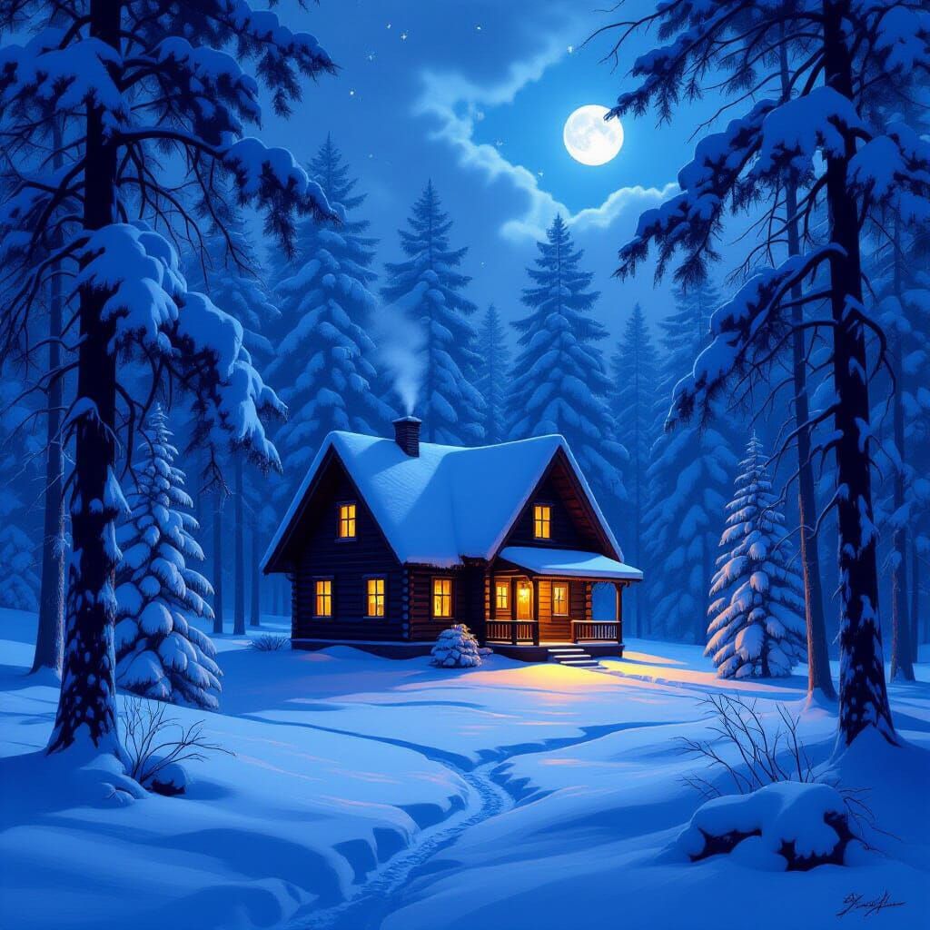 Snowy Cabin in Moonlit Forest Digital Painting