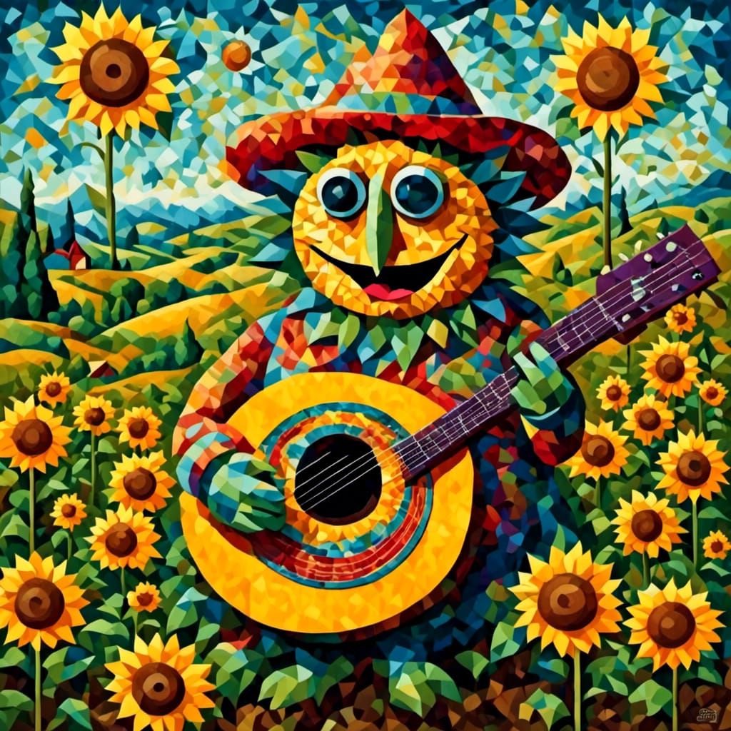 Anthropomorphic Sunflower Plays Guitar in Cubist Style