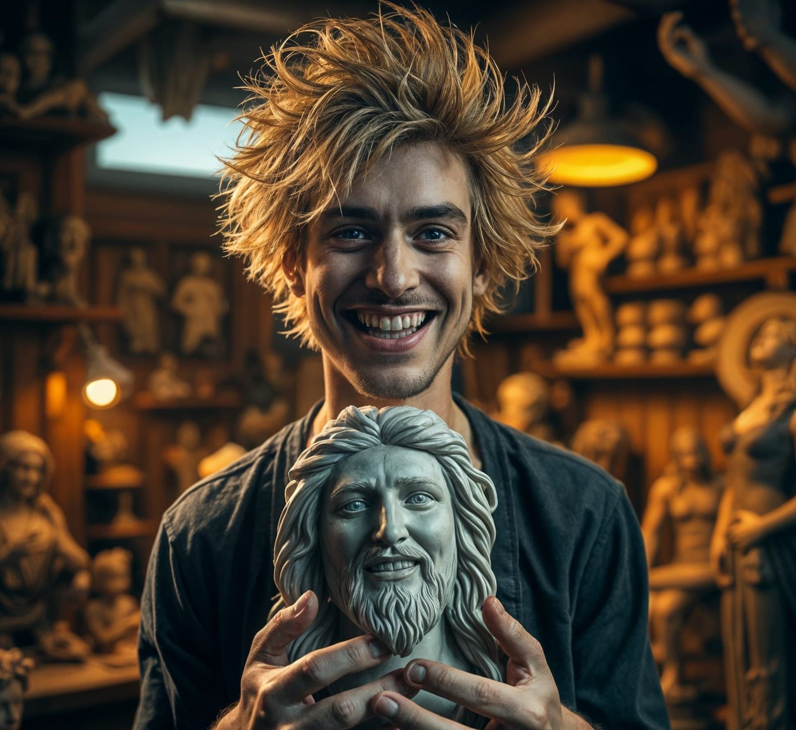 Sculptor Holding Jesus Christ Sculpture in Atelier