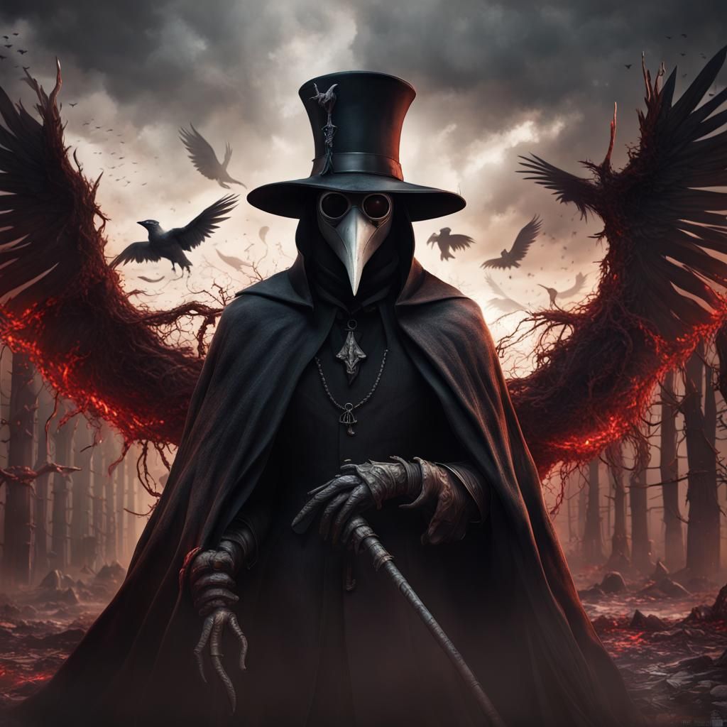 Plague Doctor in Black with Shredded Wings