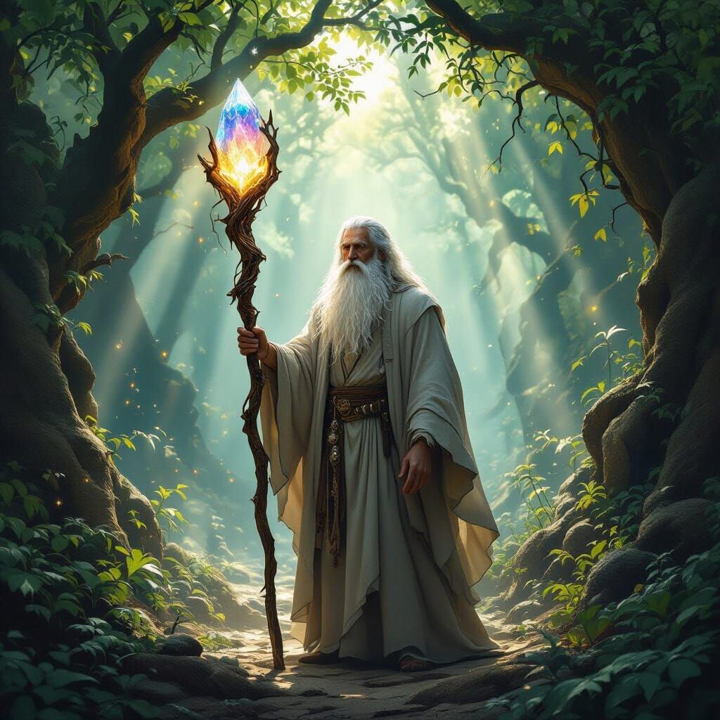 Mystical Wizard in Ancient Forest with Crystal Staff