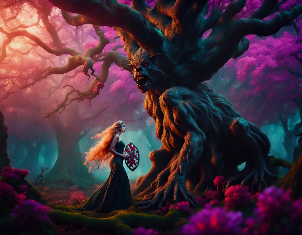 Dryad Shield Maiden Defends Tree with Flower Shield