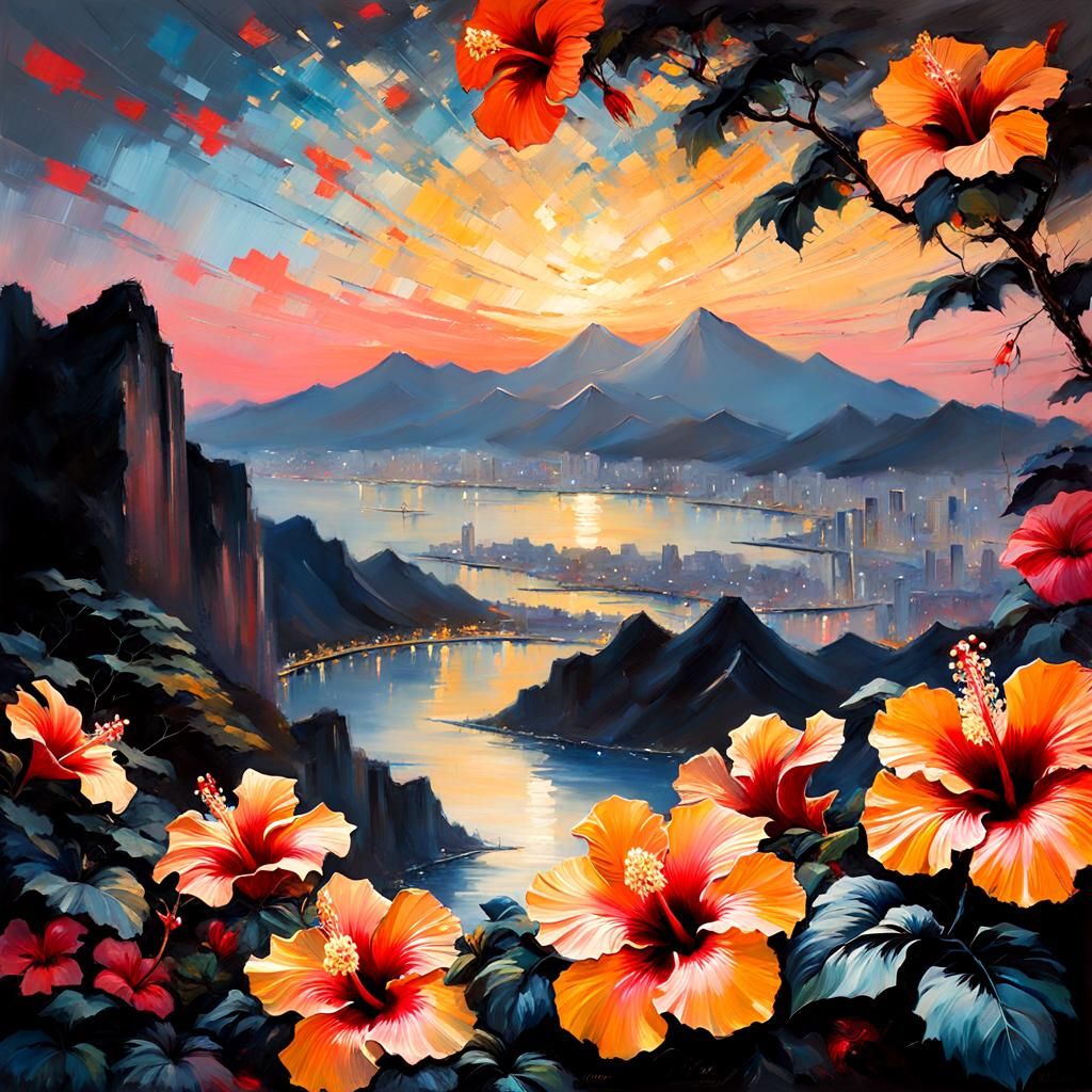 Hibiscus Ikebana Impasto Painting at Golden Hour