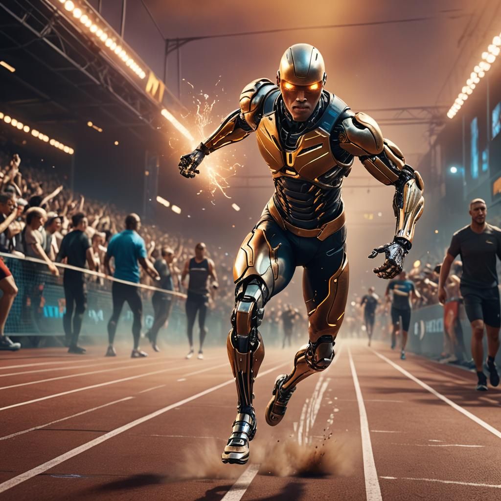 Bionic Athlete Crossing Finish Line: Fantasy Concept Art