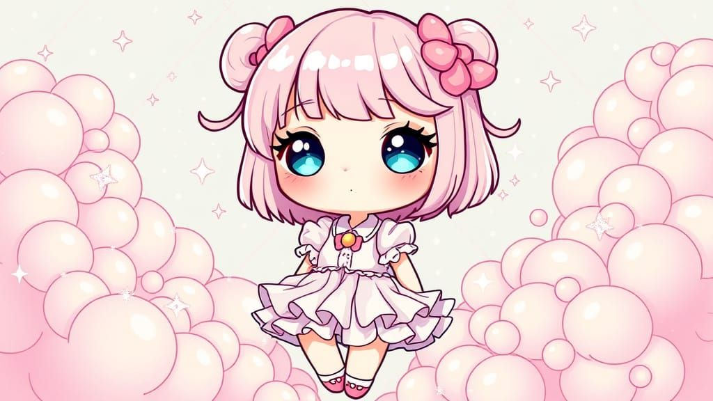 Pastel-Colored Kawaii Character in Whimsical Cloudscape