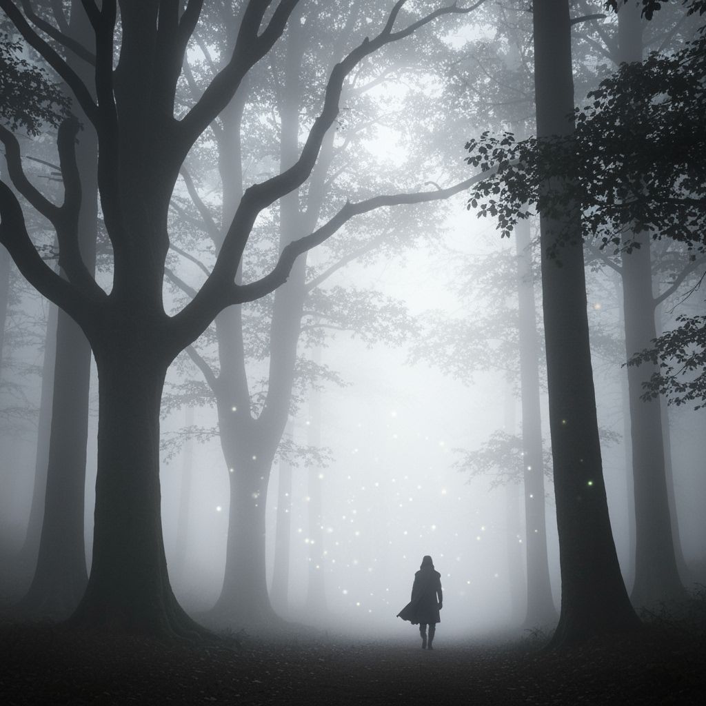 Foggy Forest Traveler in Atmospheric Cinematic Style
