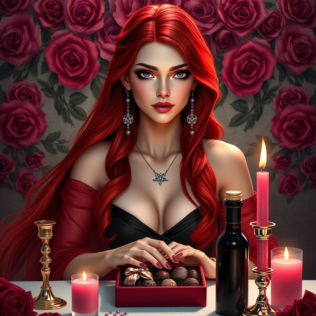 Ethereal Goddess in Red and Pink Attire, Surrounded by Luxur...