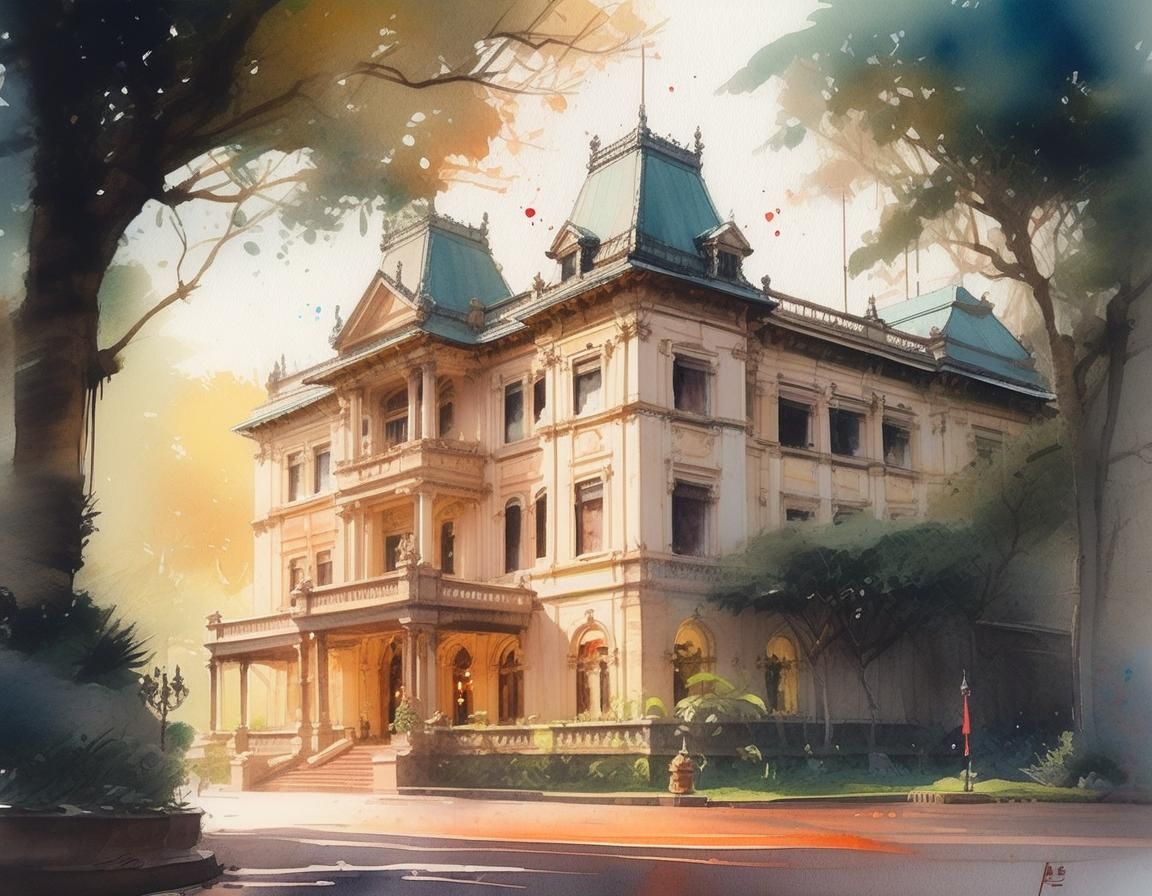 Iolani Palace: Watercolor and Oil Painting