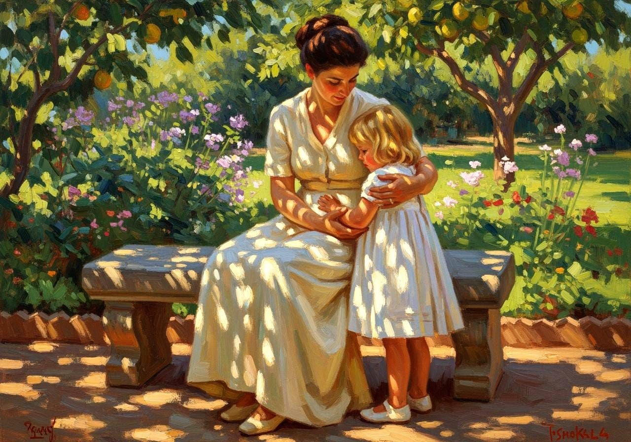Mother and Child in Sunlit Garden as Oil Painting