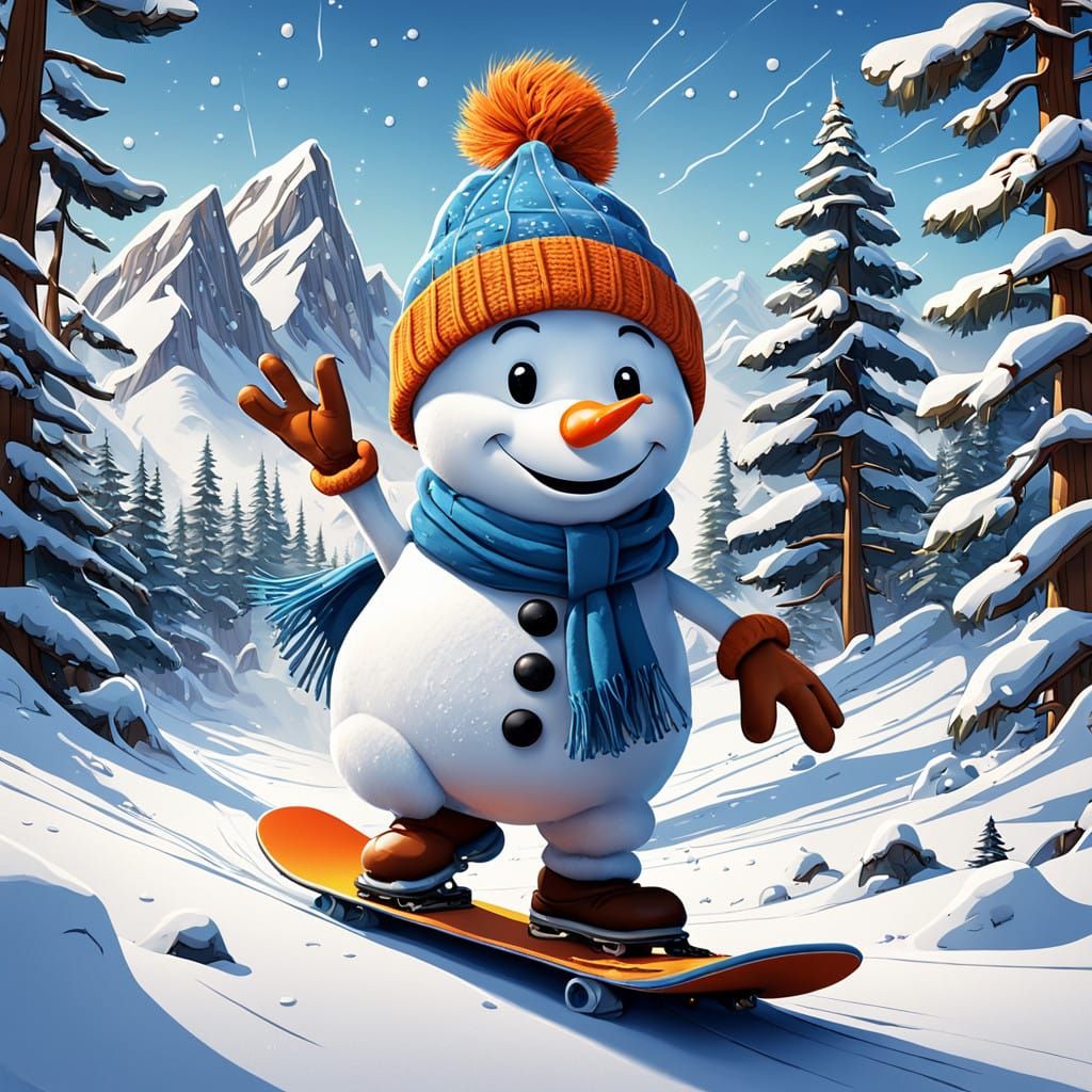 Whimsical Cartoon Snowman Snowboards Down a Winter Wonderlan...