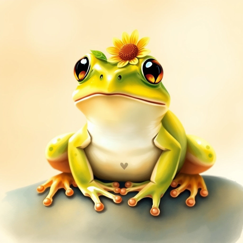 Frog with Sunflower Crown, Watercolor Illustration