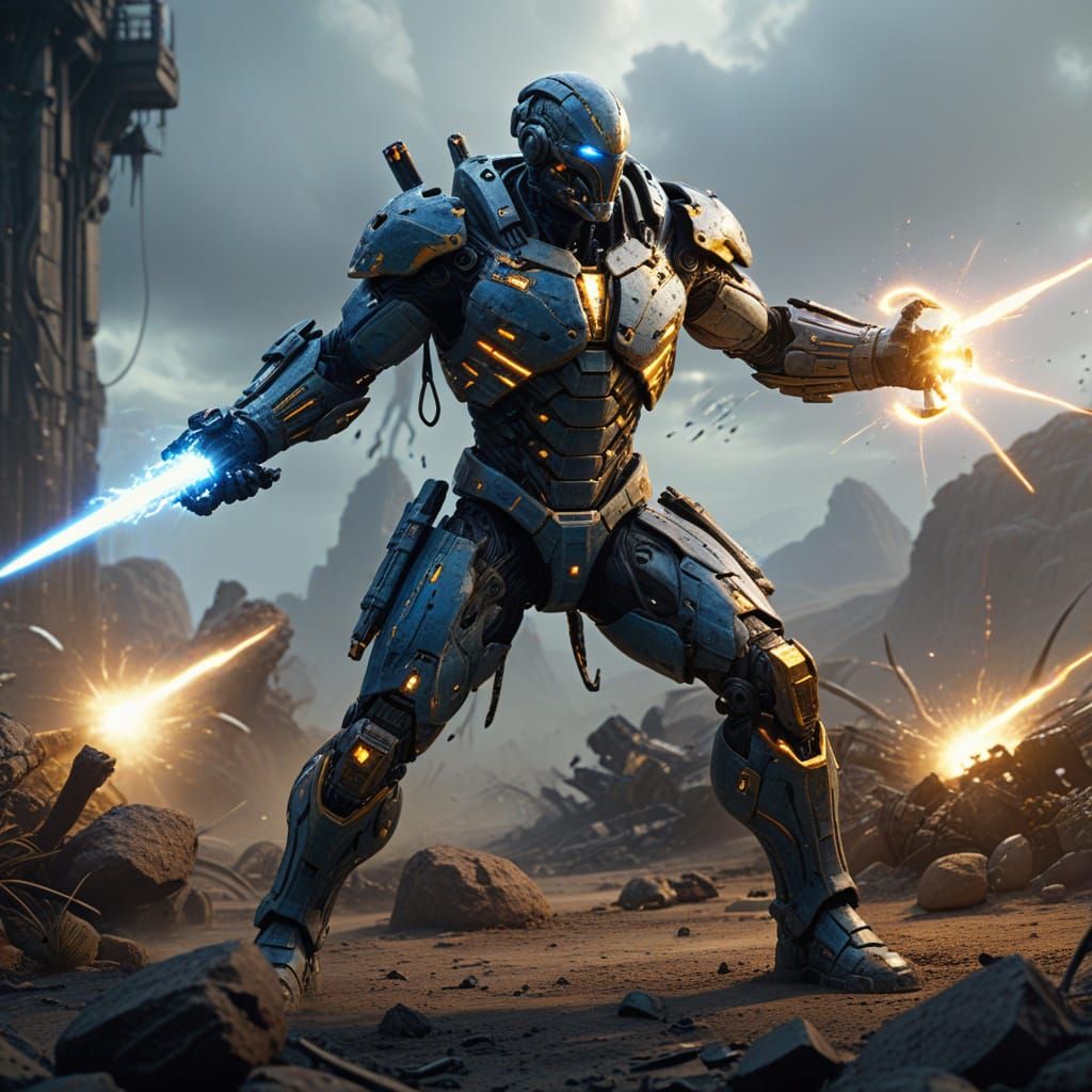 Cybernetic Warrior Unleashes Plasma in Wasteland, Digital Ar...