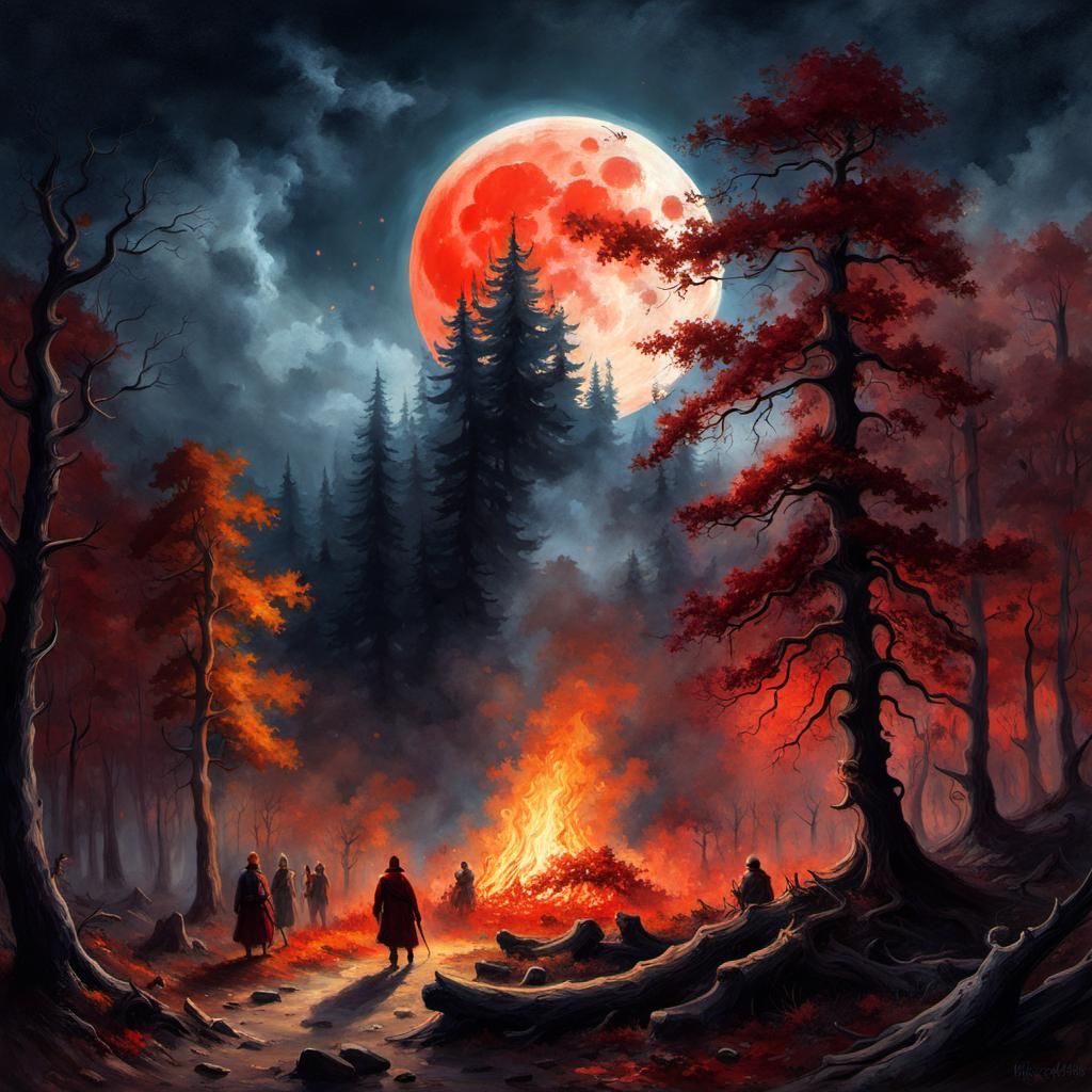 Eerie Forest Bonfire in Romantic Naturalism Style