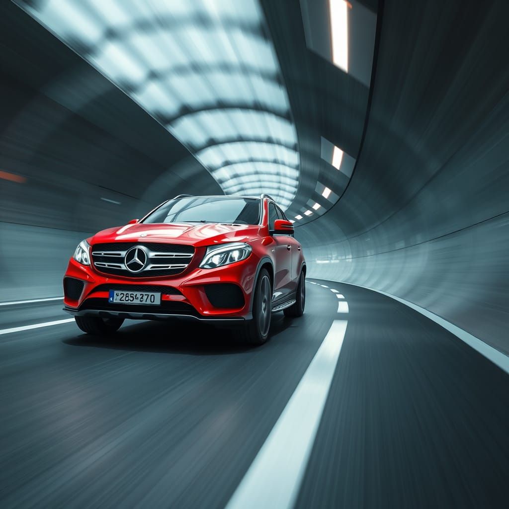 Red SUV Speeds Through Futuristic Tunnel in High-Resolution