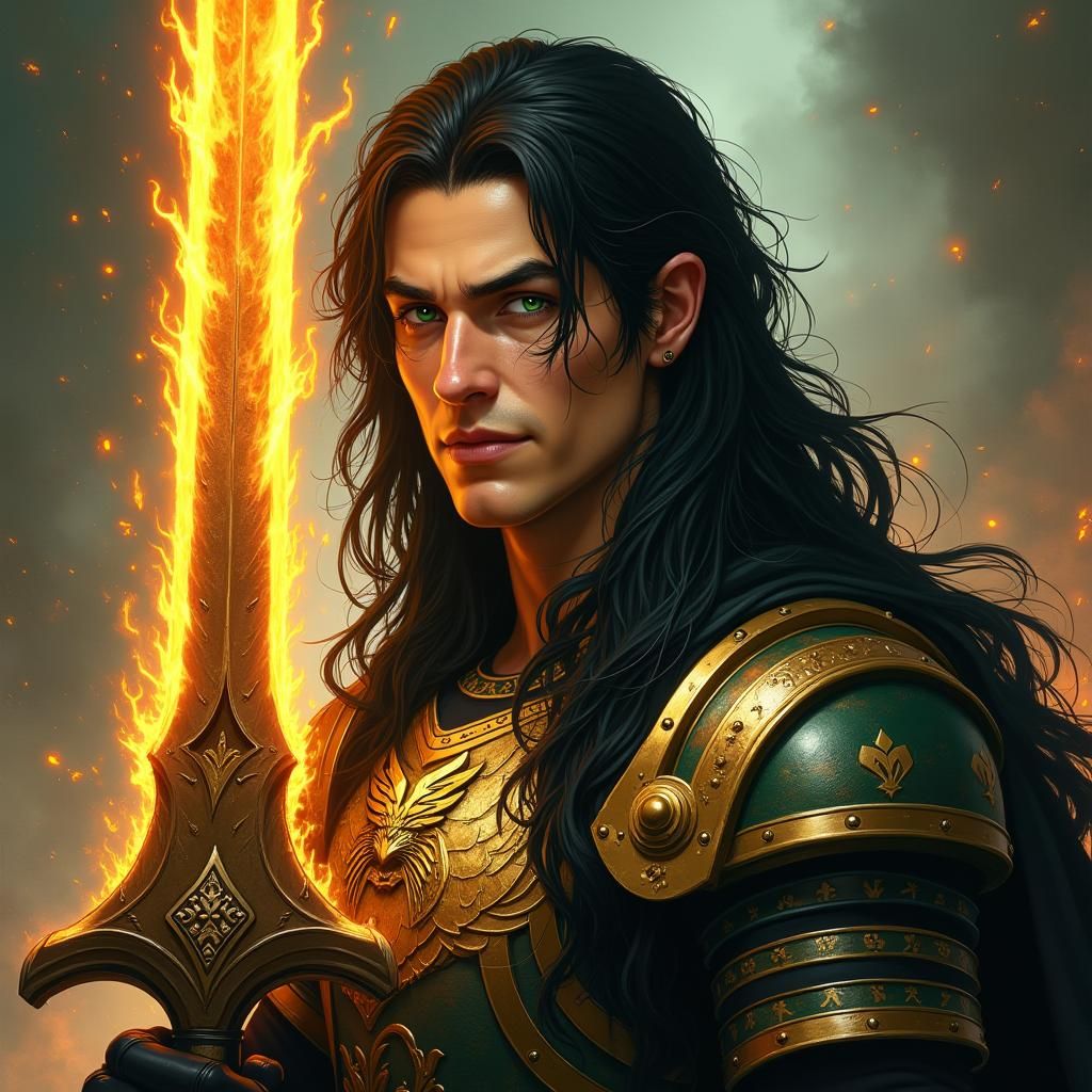 Handsome Fallen Aasimar Paladin with Flame Greatsword