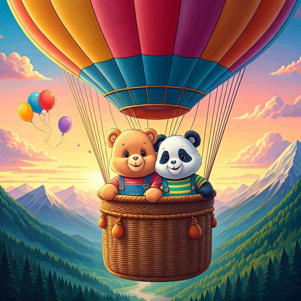 a little Teddy bear in overalls on a hot air balloon crosses...