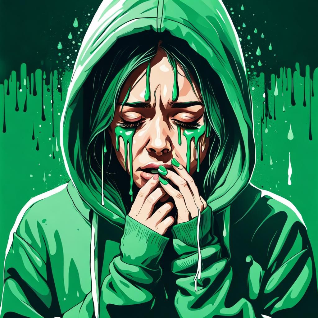 Girl Crying Green Tears in Abstract Art Style