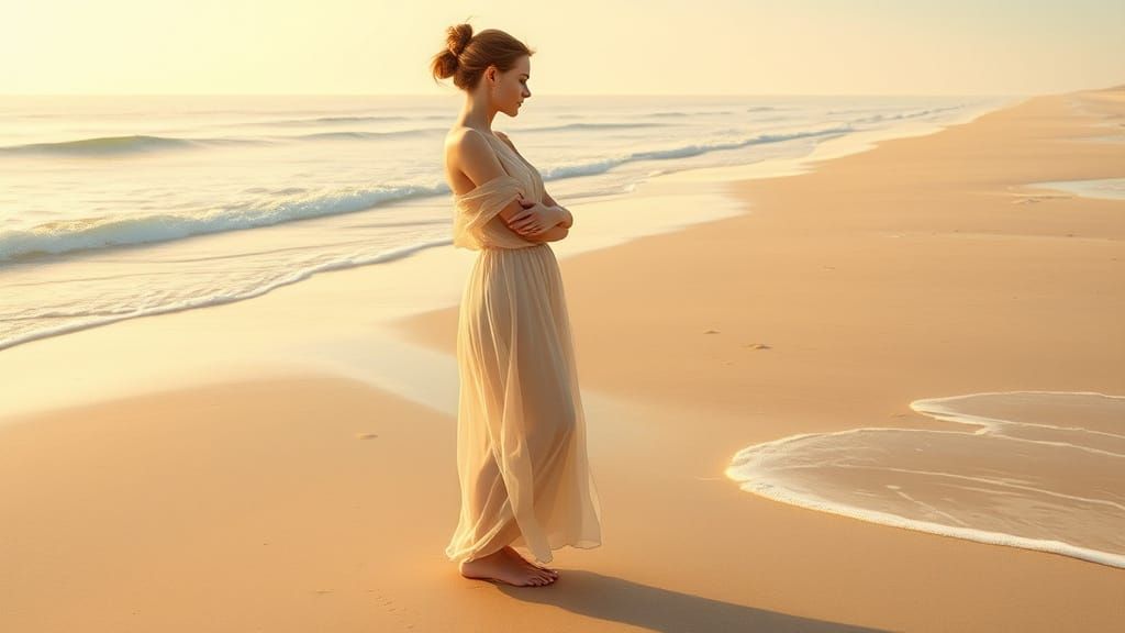 Woman in Serene Beach Landscape, Dreamy Calm