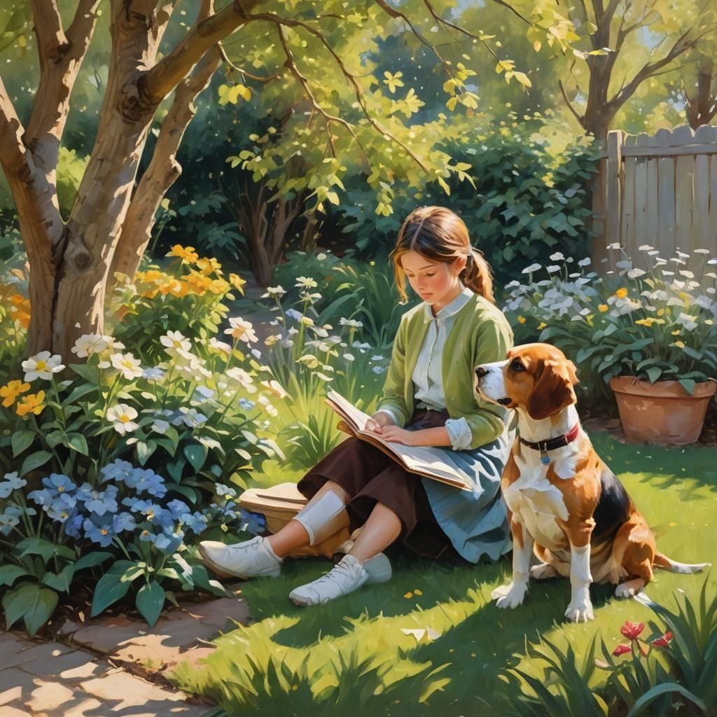 Girl Reads to Beagle Puppy: Oil Painting