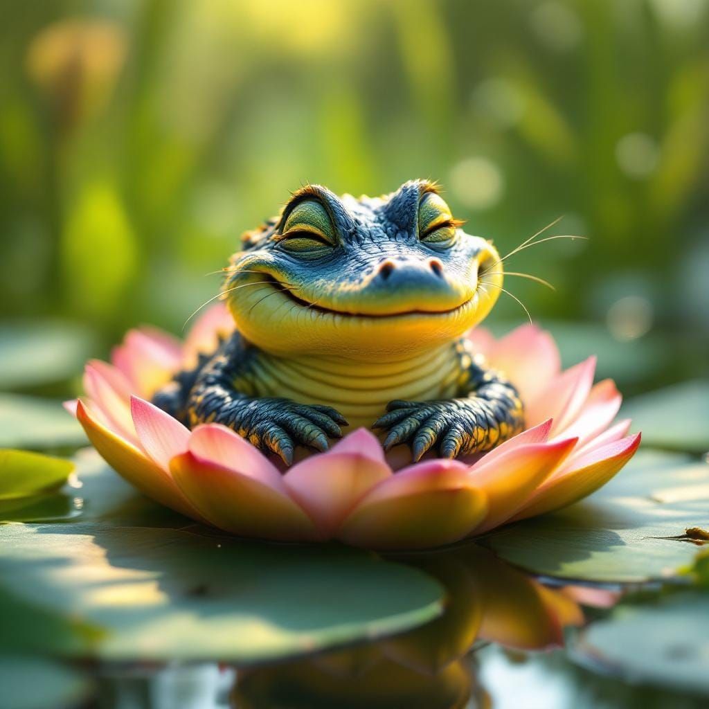 Laughing Alligator on Lily Pad in Golden Sunlight